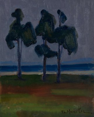 Three Trees by the Sea — Oil painting, Fiberboard, 27.00×34.00cm — Theodoros Markellos